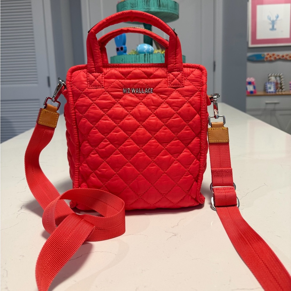 MZ Wallace Red/Coral Quilted Mini Tote with Convertible Strap